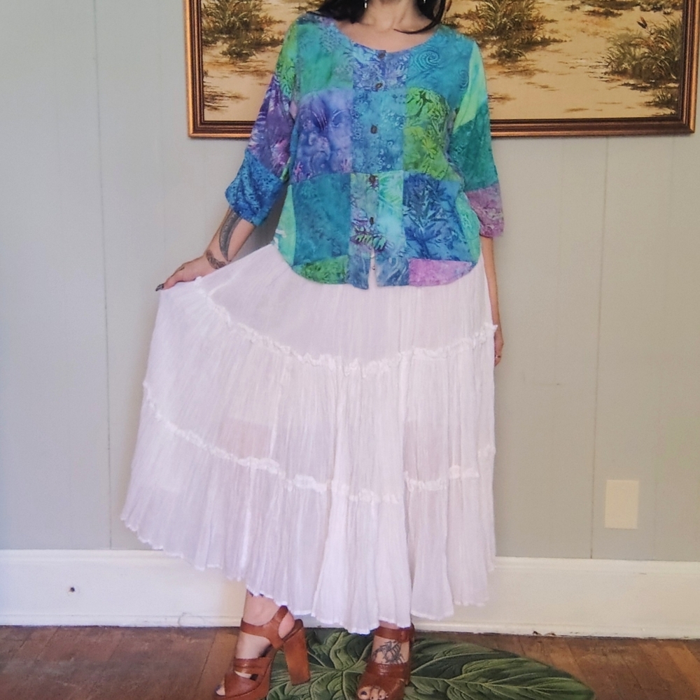 Vintage 90s Blue Batik Patchwork Button-Up Long-S… - image 7